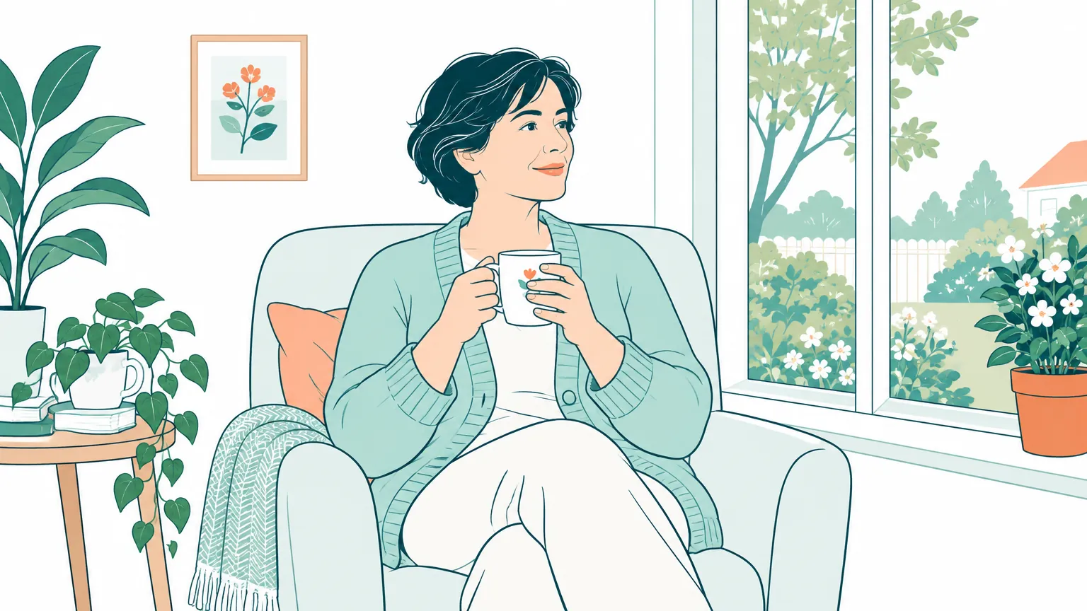 Ilustrație în tonuri calde ce înfățișează o femeie relaxându-se liniștită lângă o fereastră însorită, sugerând speranța, echilibrul și grija de sine în perioada de remisie.