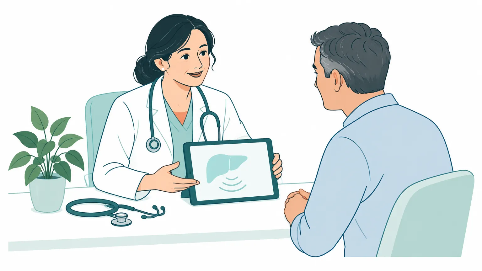 Ilustrație caldă și liniștitoare reprezentând un medic care îi explică unui pacient rezultatele unei ecografii hepatice într-un cabinet medical modern.
