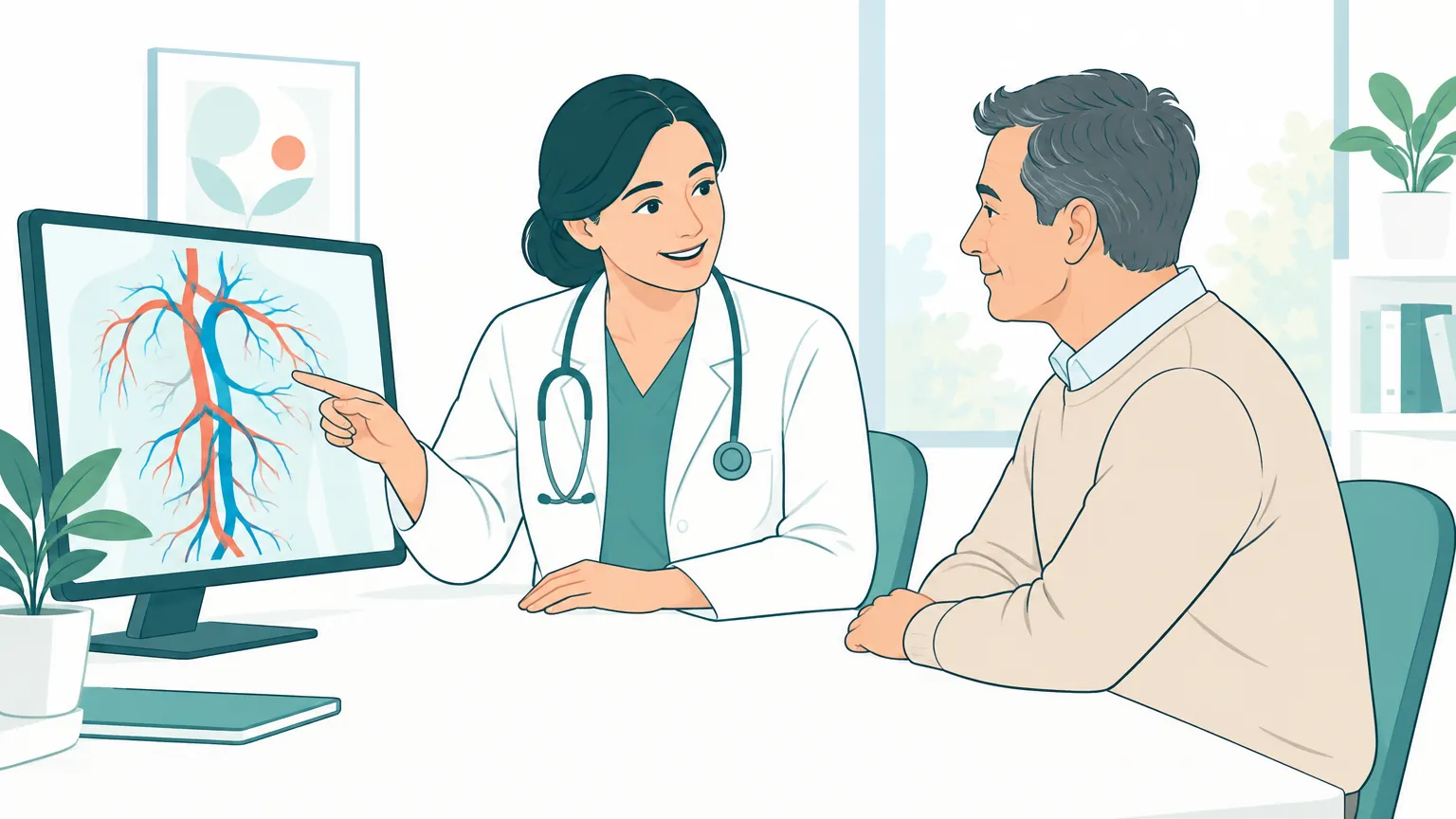 Ilustrație caldă reprezentând o consultație medicală în care un medic explică rezultatele investigațiilor imagistice vasculare unui pacient.