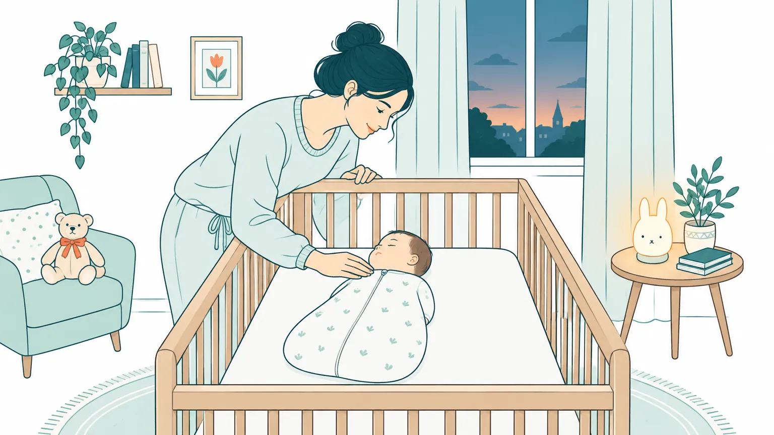 Ilustrație caldă cu o mamă care veghează cu blândețe un bebeluș ce doarme liniștit pe spate într-un pătuț sigur, într-o cameră luminată difuz la lăsarea serii.