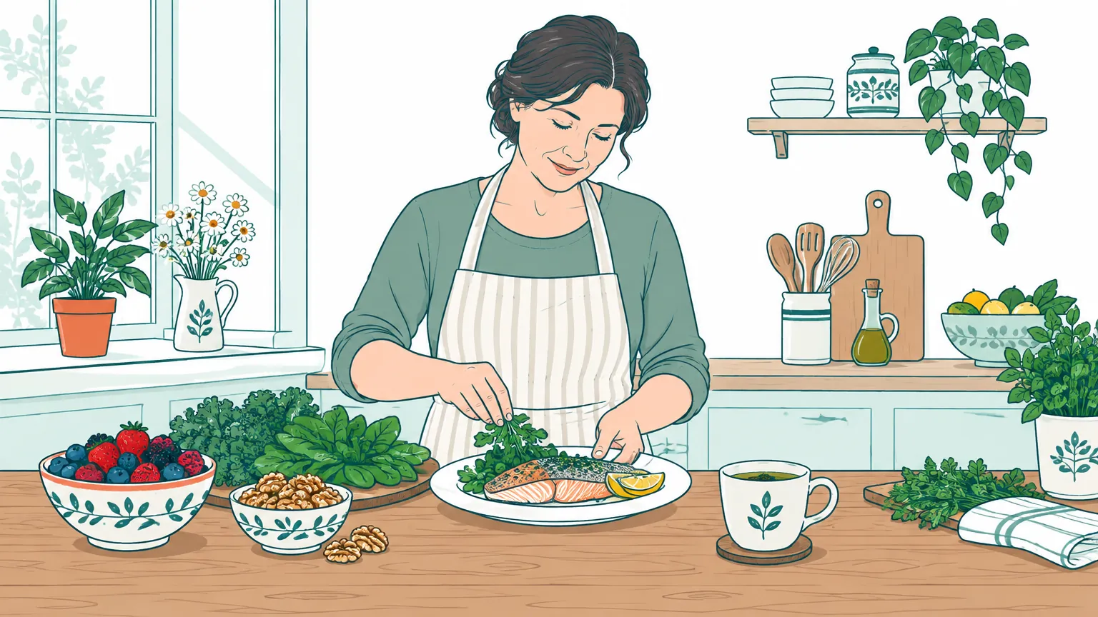 Ilustrație caldă reprezentând o femeie care pregătește într-o bucătărie luminoasă alimente proaspete și nutritive, precum fructe de pădure, nuci, legume verzi și pește.