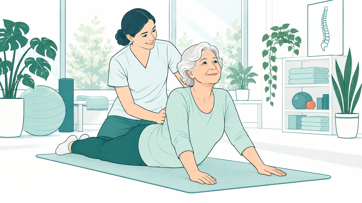 Ilustrație în culori calde cu o femeie în vârstă care face exerciții ușoare de recuperare pentru coloană alături de un kinetoterapeut.