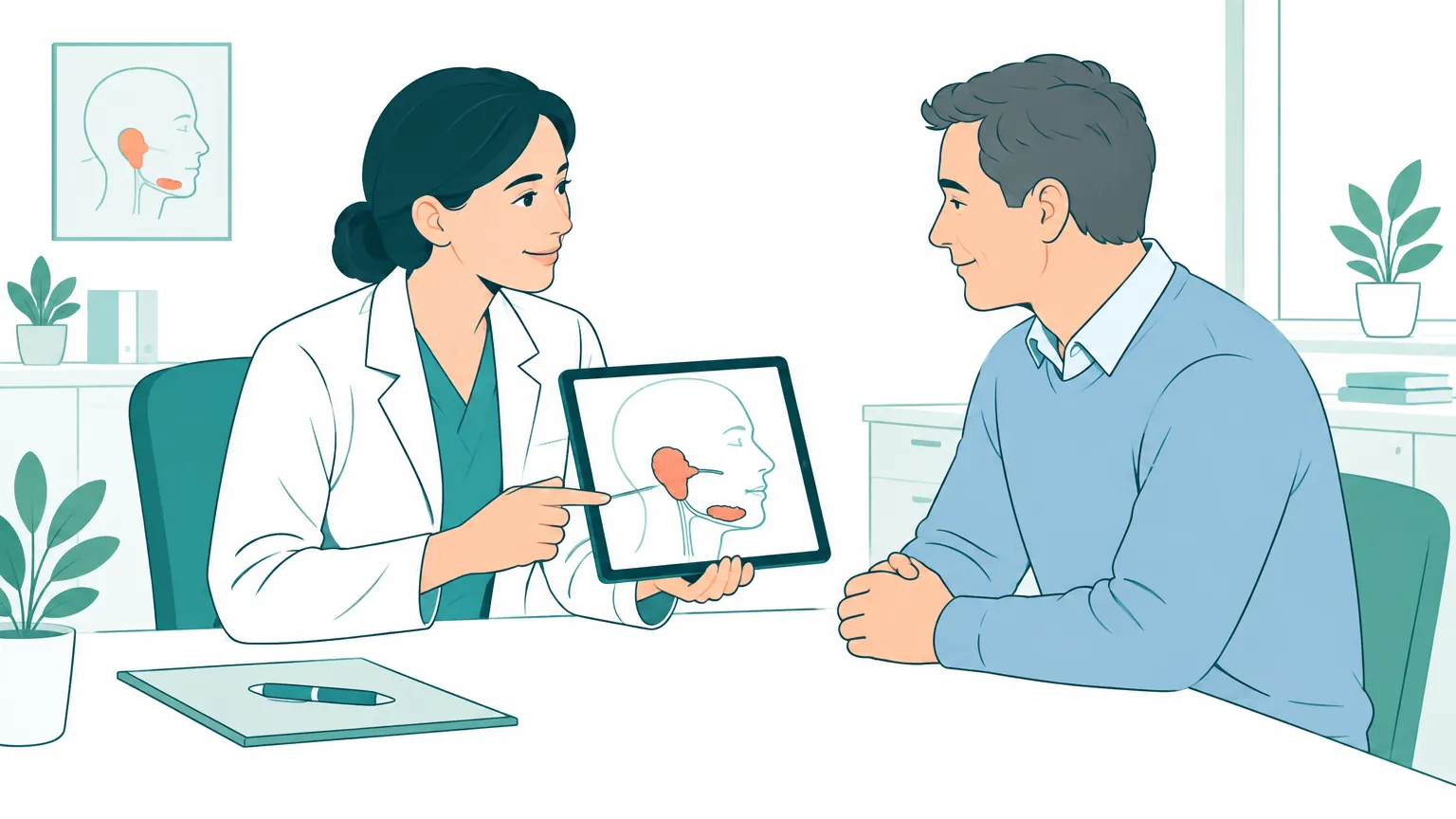 Ilustrație caldă și liniștitoare cu un medic specialist explicându-i unui pacient procedura minim invazivă de sialendoscopie pe o tabletă digitală.