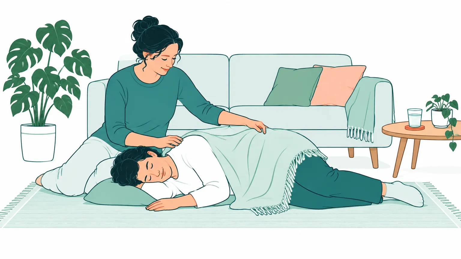 Ilustrație caldă reprezentând o persoană adultă care îngrijește cu atenție un apropiat așezat în poziție de siguranță pe o canapea, într-o cameră liniștită.