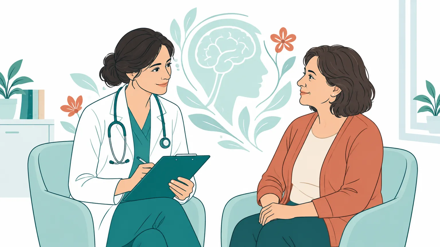 Ilustrație într-un stil cald și liniștitor cu o consultație empatică între o doctoriță neurolog și o pacientă, sugerând atenția pentru sănătatea creierului.
