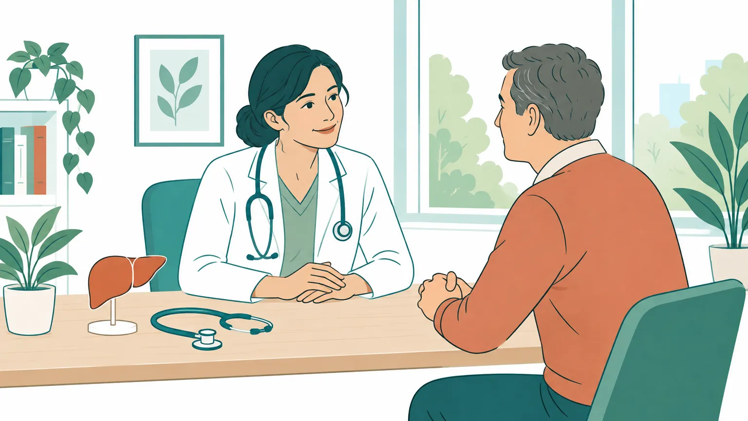 Ilustrație caldă și liniștitoare cu un medic care discută deschis și prietenos despre sănătatea ficatului cu un pacient adult într-un cabinet luminos.