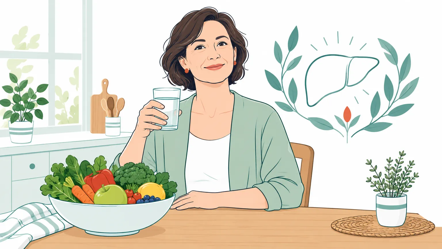Ilustrație caldă și luminoasă cu o femeie și alimente sănătoase, alături de un contur stilizat al ficatului, sugerând îngrijirea și susținerea sănătății hepatice.