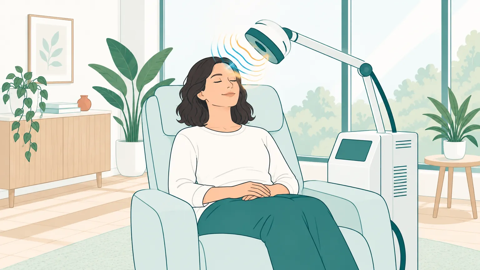 Ilustrație caldă reprezentând o persoană relaxată într-un fotoliu medical confortabil, beneficiind de o ședință non-invazivă de stimulare magnetică transcraniană într-un cabinet luminos.