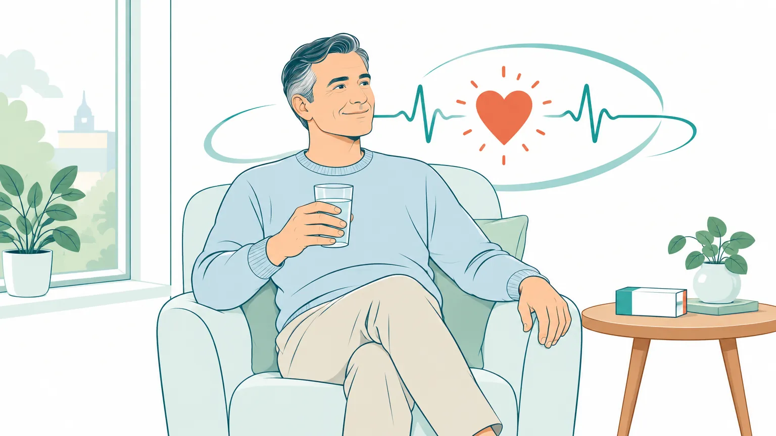 Ilustrație caldă cu un bărbat așezat liniștit într-un fotoliu lângă o fereastră luminoasă, simbolizând protejarea inimii și ritmul cardiac stabil obținut prin tratament medical.