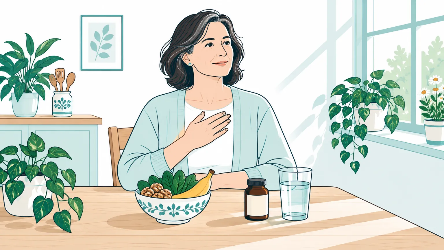 Ilustrație luminoasă și liniștitoare cu o femeie așezată la masă lângă alimente sănătoase și un flacon de suplimente, sugerând echilibrul și grija pentru ritmul inimii.