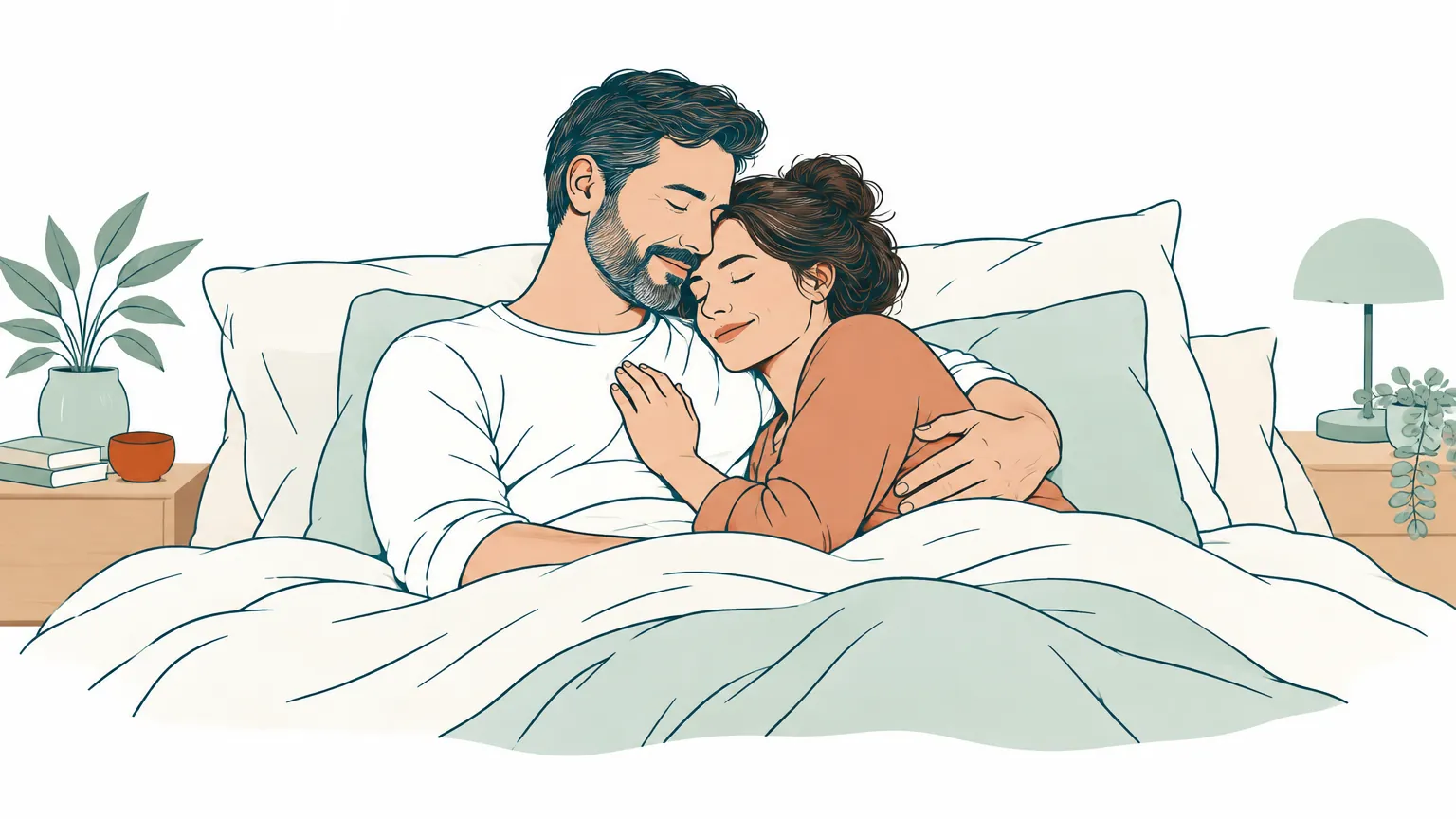 Ilustrație blândă și caldă a unui cuplu relaxat într-o îmbrățișare tandră în pat, simbolizând intimitatea, armonia și confortul reciproc.