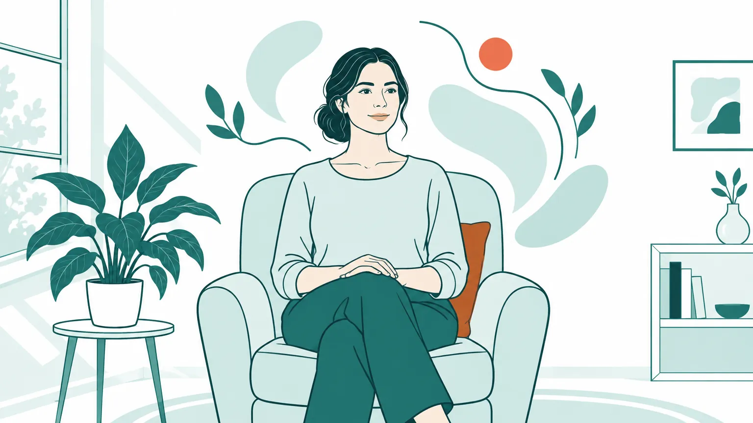 Ilustrație caldă și luminoasă cu o femeie așezată relaxată într-un fotoliu confortabil, simbolizând echilibrul interior și conștientizarea prezentului prin terapia Gestalt.