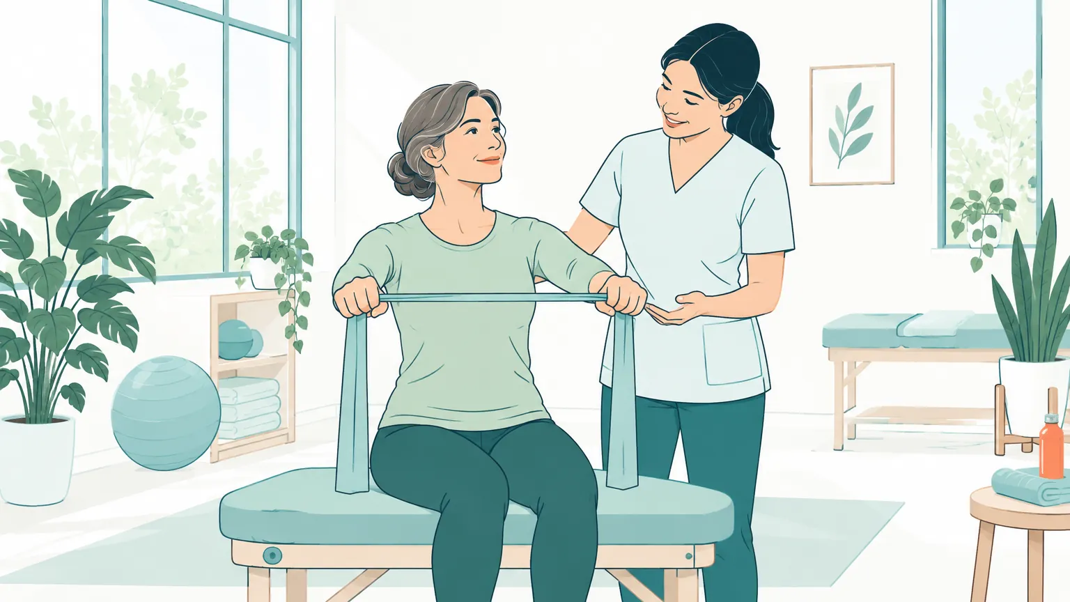 Ilustrație caldă în care o femeie efectuează exerciții ușoare de kinetoterapie cu o bandă elastică, sub îndrumarea atentă a unui specialist, într-o încăpere luminoasă și relaxantă.