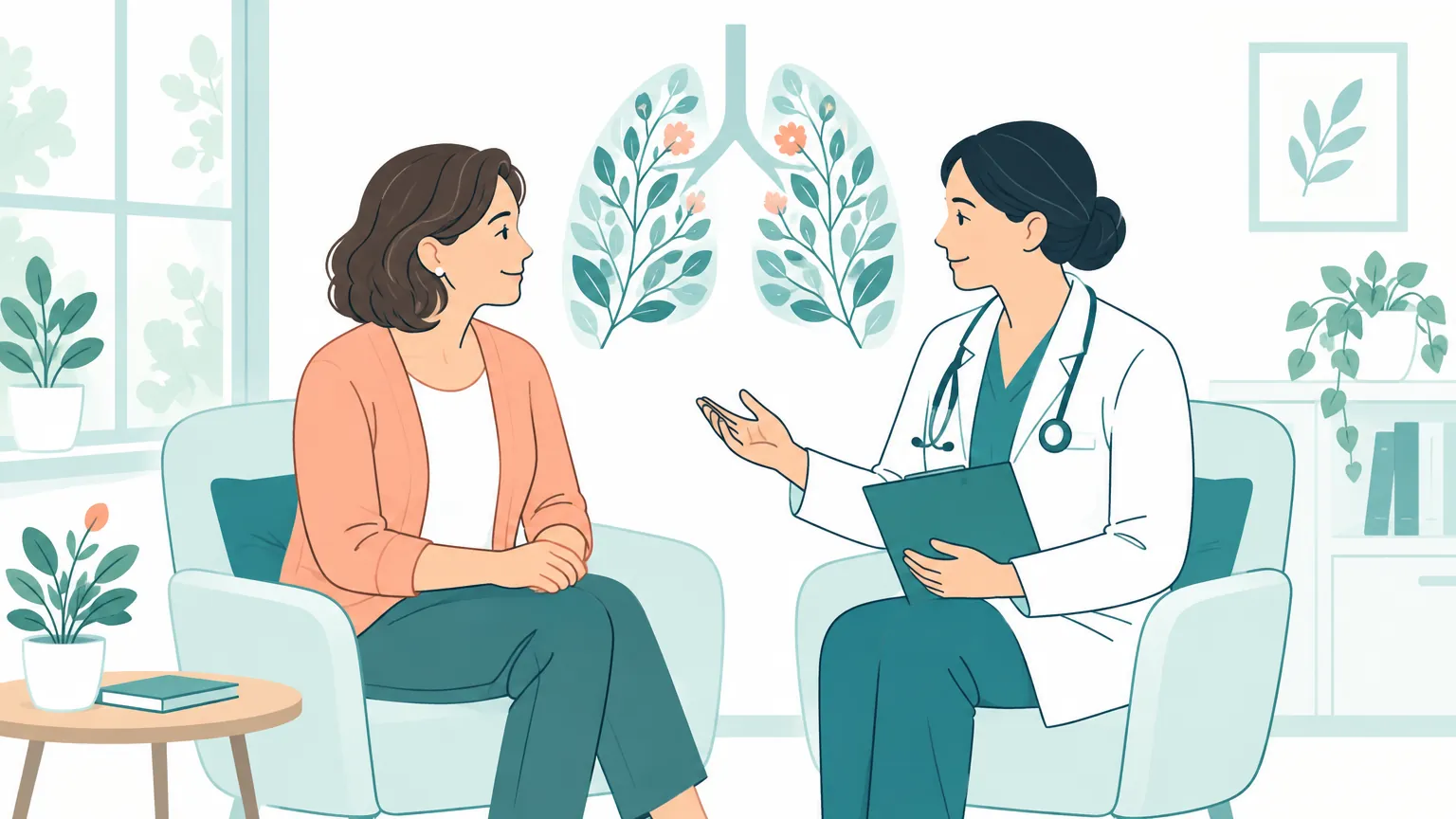 Ilustrație caldă reprezentând o femeie de vârstă mijlocie discutând liniștită cu un medic într-un cabinet luminos, sugerând monitorizarea sănătății și a stării de bine.