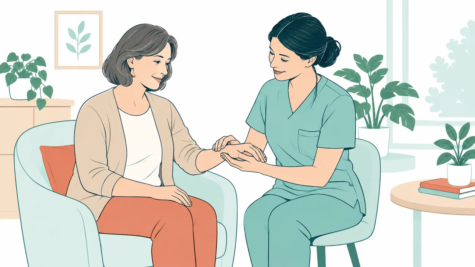 Ilustrație caldă și liniștitoare în care un medic examinează cu grijă articulația mâinii unei paciente pentru evaluarea sănătății articulare.