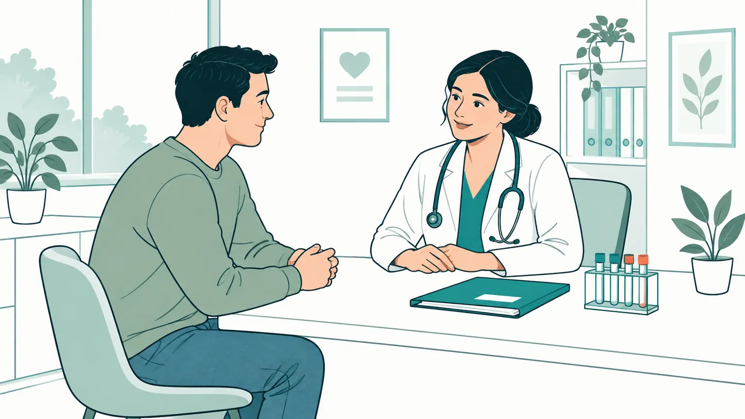 Ilustrație cu un pacient care discută calm cu un cadru medical într-un cabinet modern, sugerând siguranța și confidențialitatea analizelor de rutină.