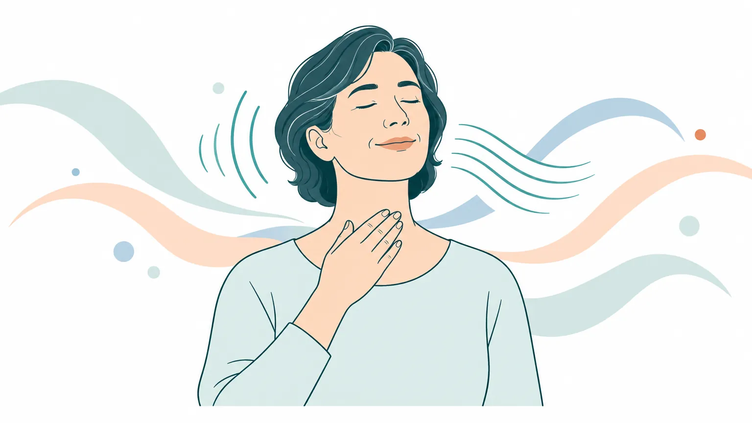 Ilustrație caldă reprezentând o persoană liniștită care își atinge ușor gâtul, simbolizând recuperarea vocii și sănătatea laringelui.