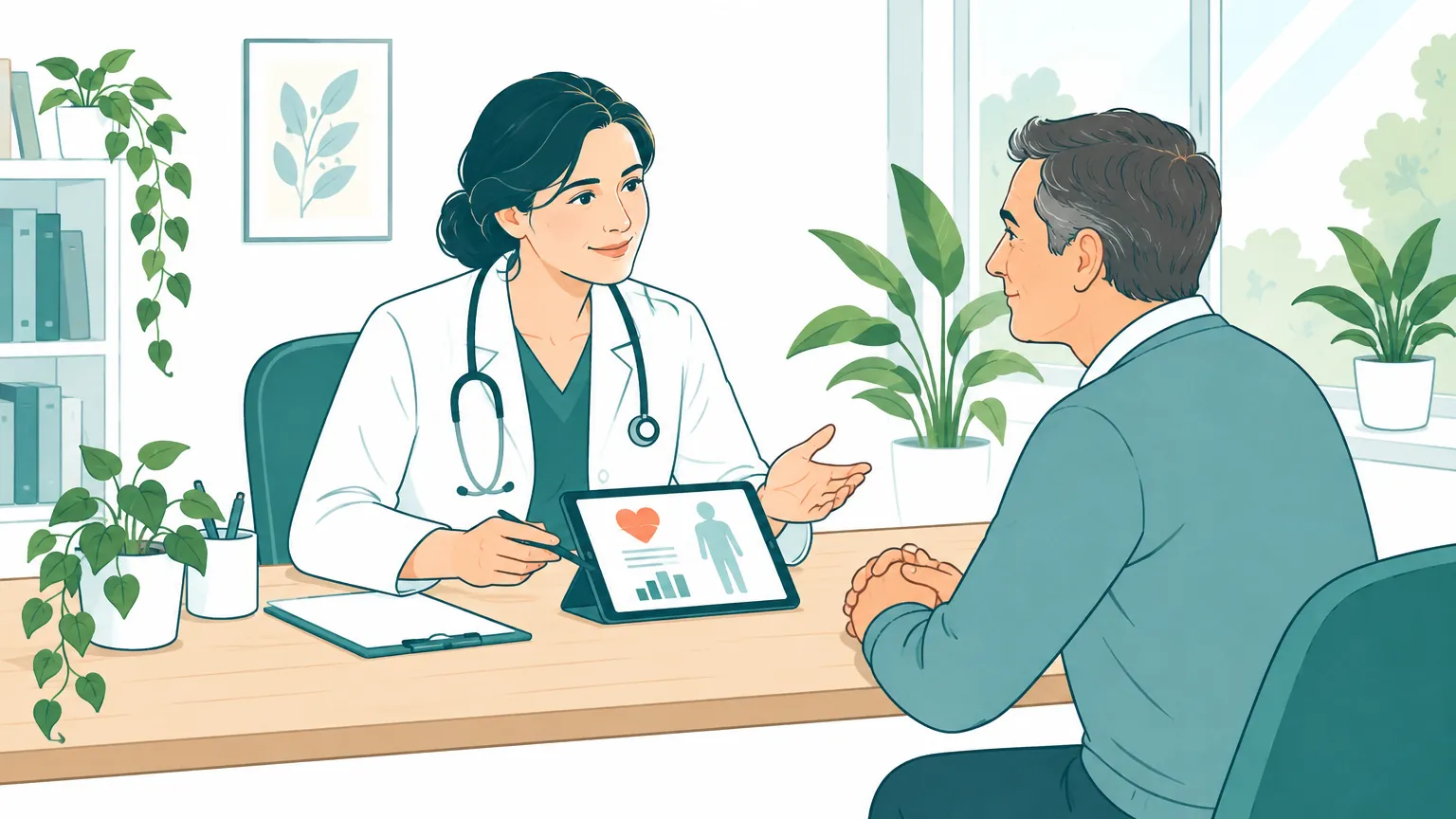 Ilustrație liniștitoare în nuanțe calde ce înfățișează un medic discutând cu empatie planul de tratament cu un pacient într-un cabinet luminos, sugerând speranță și sprijin medical.