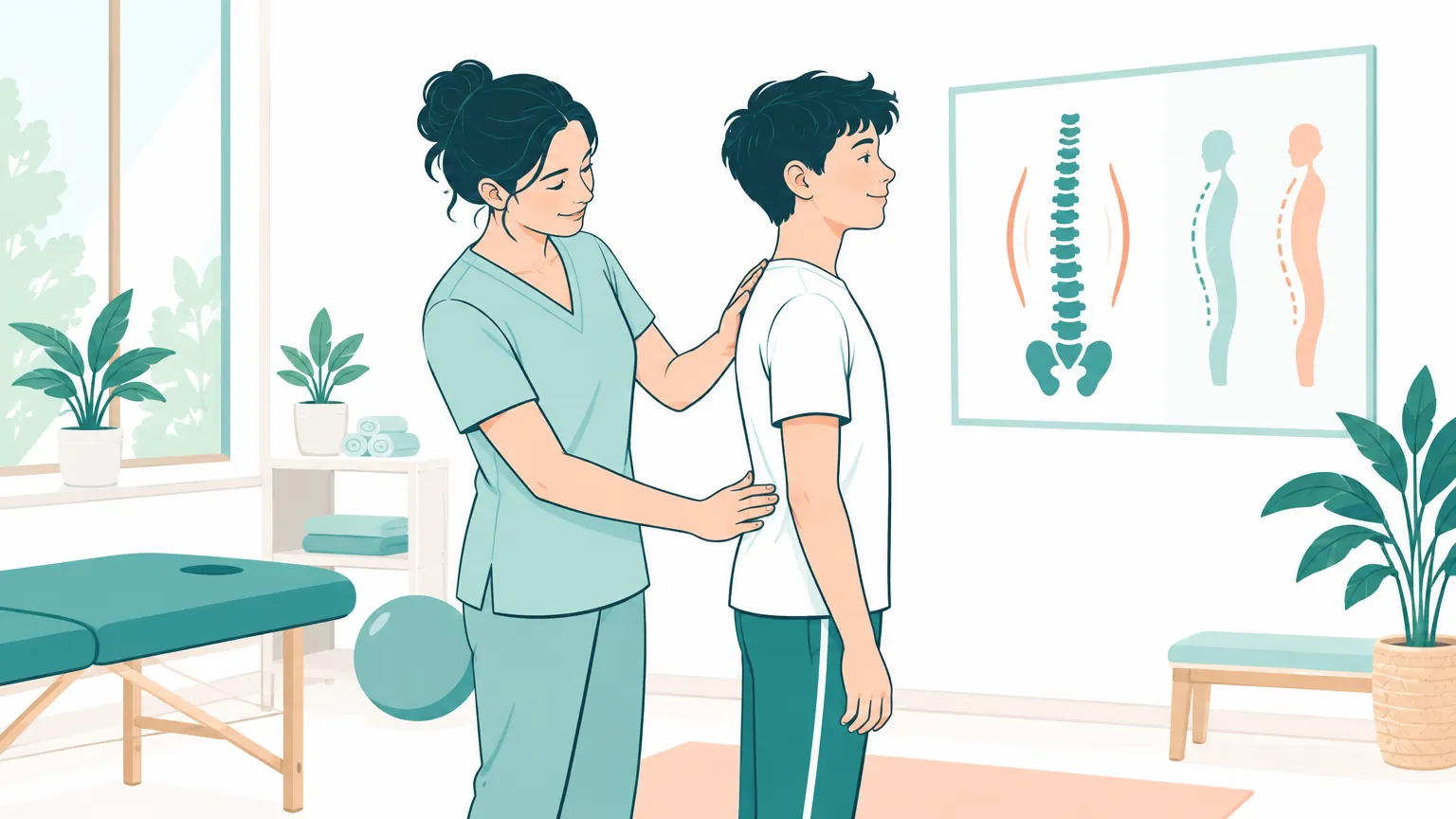 Ilustrație caldă cu un kinetoterapeut care evaluează postura spatelui unui tânăr pacient într-un cabinet medical luminos.