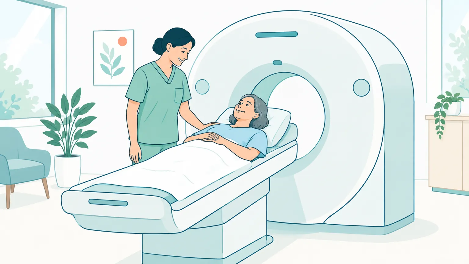 Ilustrație în culori calde și liniștitoare înfățișând un pacient relaxat pregătit pentru o tomografie computerizată, asistat cu blândețe de un cadru medical.