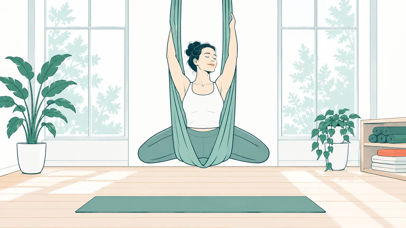 O femeie se relaxează și se întinde ușor într-un hamac textil suspendat, într-o sală luminoasă de aerial yoga.