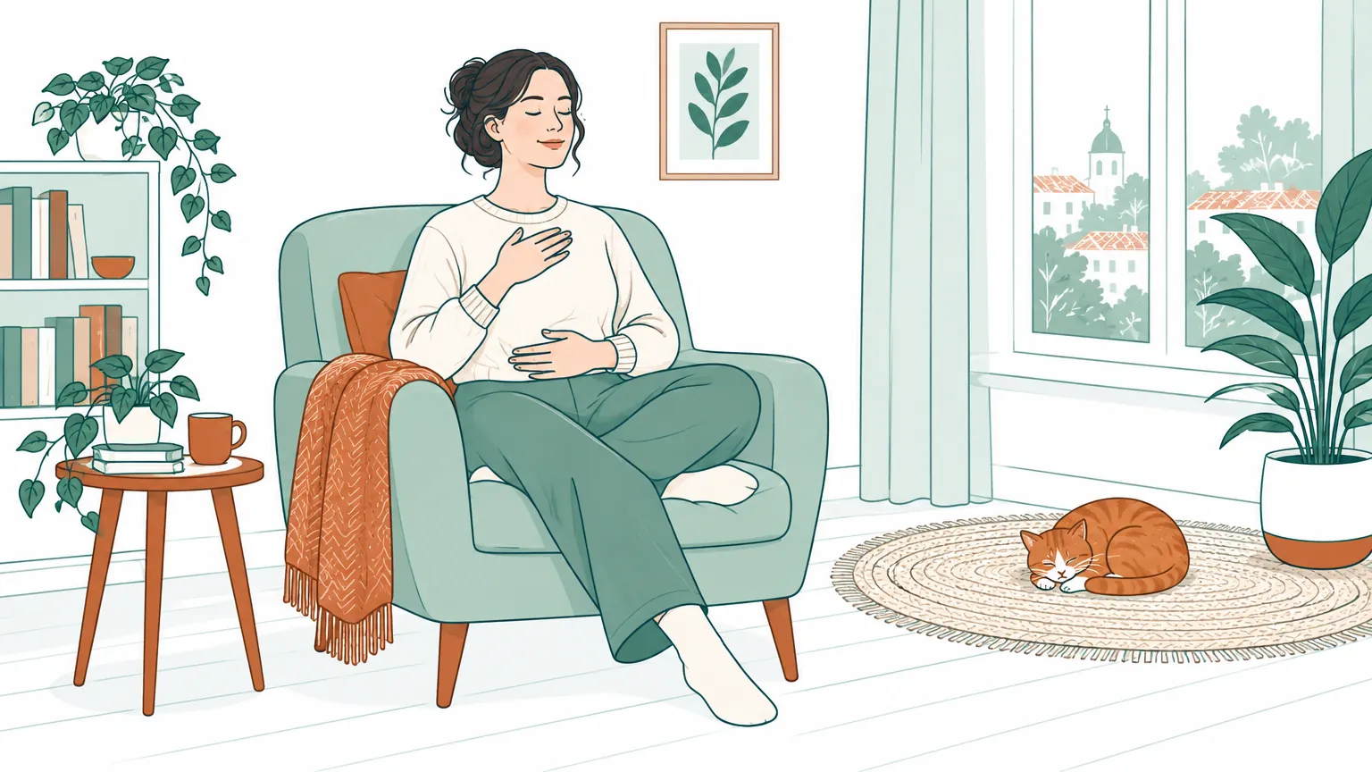 Ilustrație caldă cu o femeie care respiră liniștită într-o cameră luminoasă, în timp ce o pisică doarme pașnic la distanță, sugerând depășirea anxietății și a fricii.