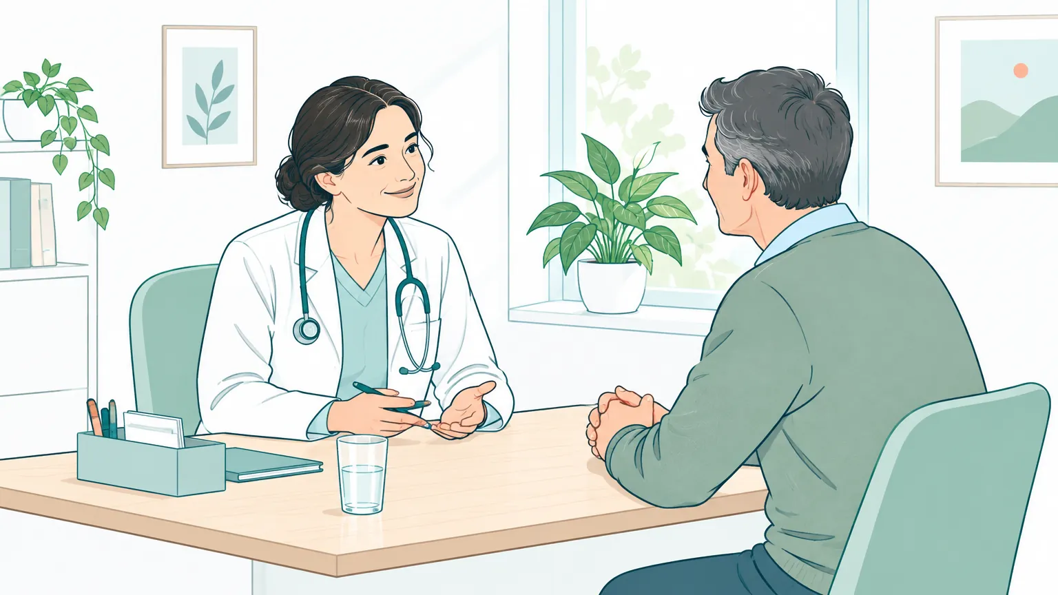 Ilustrație caldă ce prezintă o discuție liniștitoare între un medic și un pacient într-un cabinet luminos și primitor.