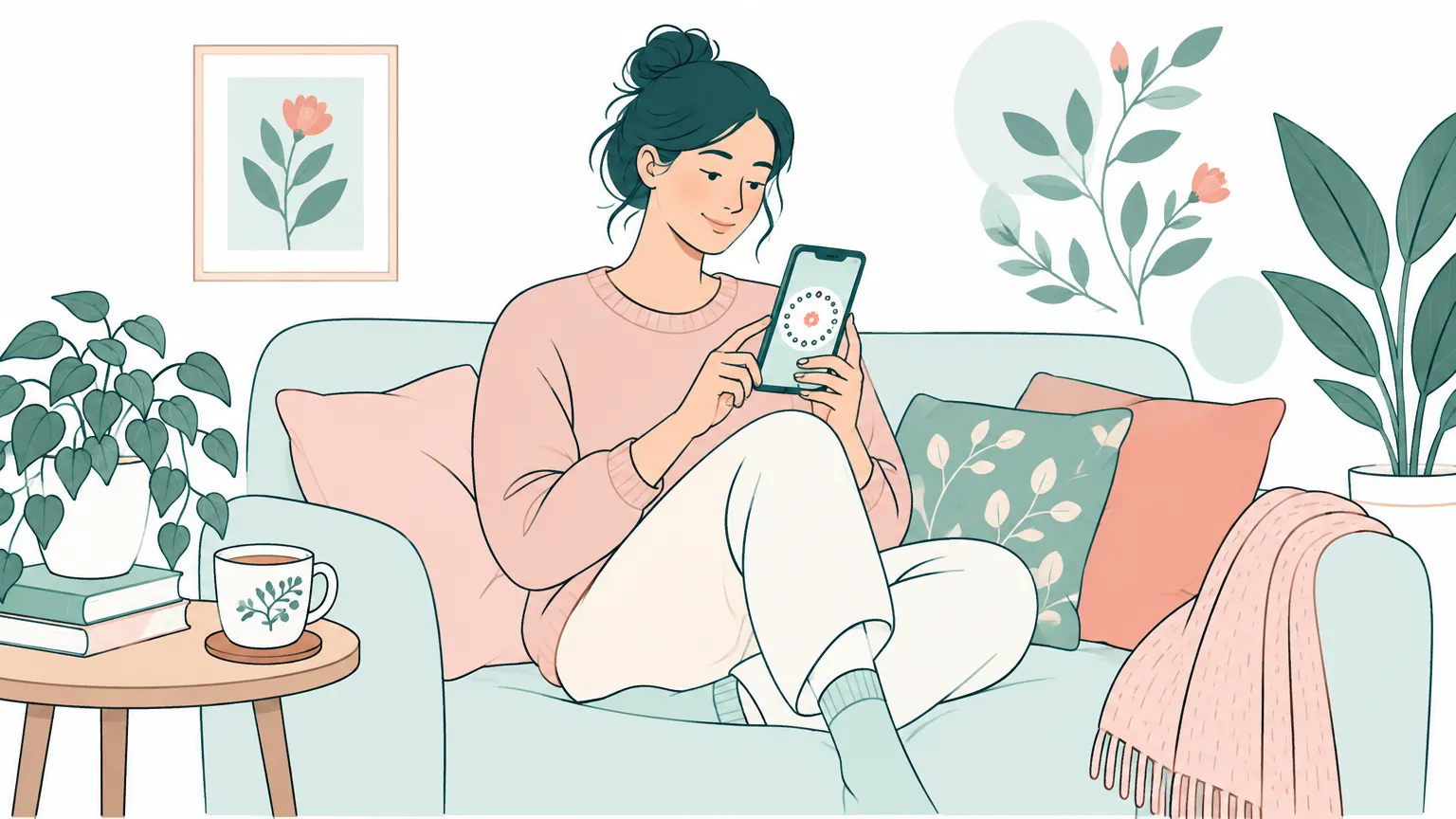 Ilustrație caldă și relaxantă cu o tânără care își monitorizează sănătatea menstruală pe telefon într-o cameră primitoare.