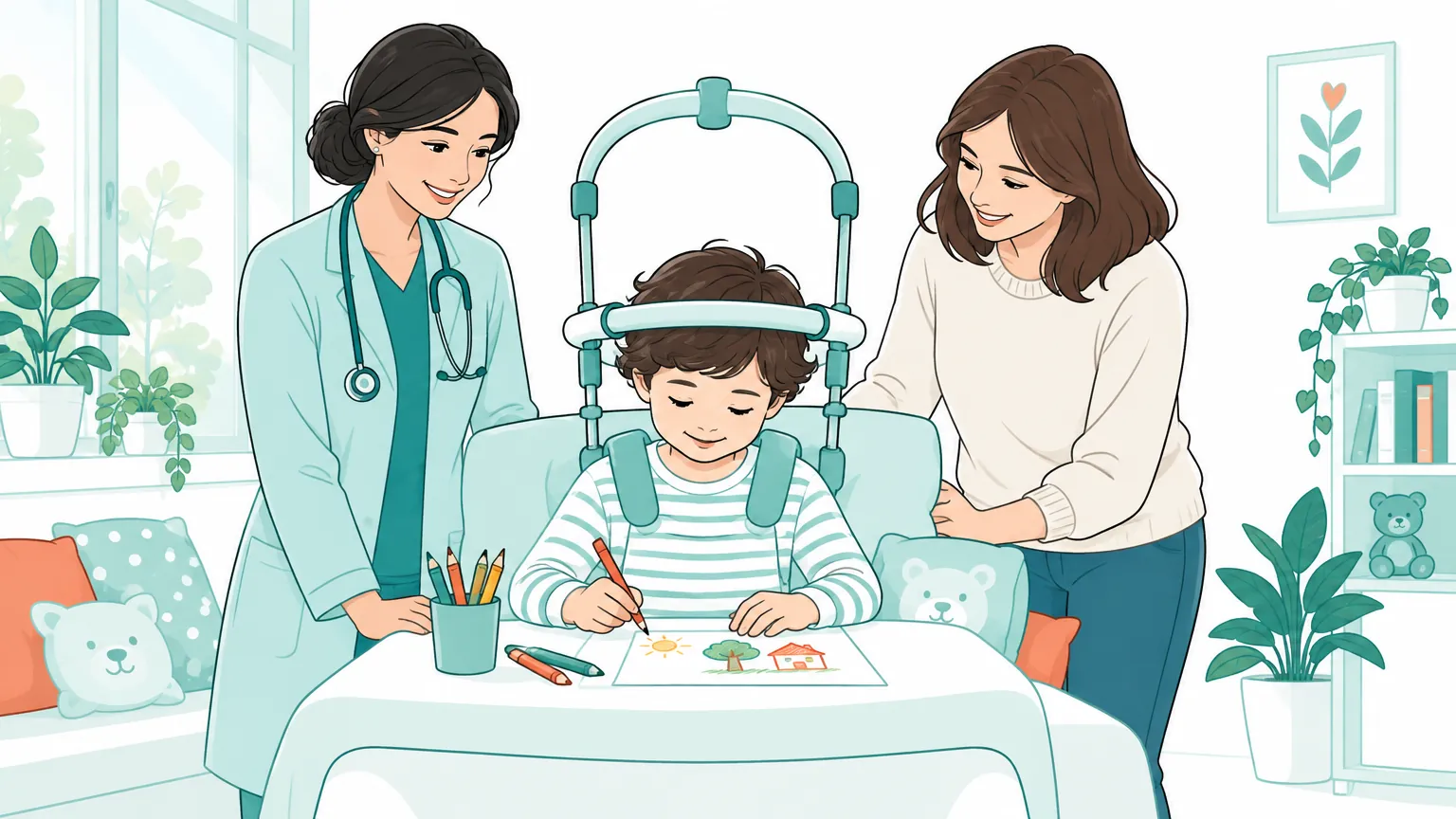 Ilustrație blândă și luminoasă a unui copil care desenează într-un salon medical prietenos, asistat cu grijă de un cadru de tracțiune gravitațională, alături de medic și părinte.