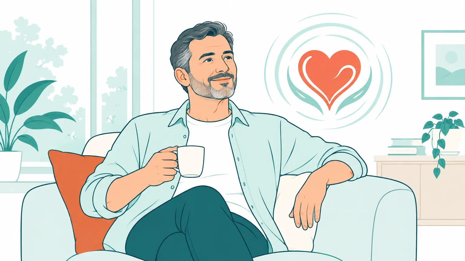Ilustrație caldă și liniștitoare înfățișând un bărbat relaxat alături de un simbol stilizat al inimii, sugerând menținerea sănătății cardiace fără intervenții chirurgicale invazive.