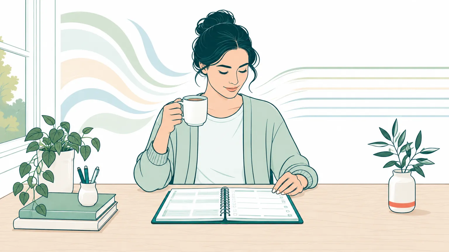 Ilustrație calmă în nuanțe calde cu un adult așezat la birou, simbolizând claritatea mentală și echilibrul obținute prin tratamentul pentru ADHD.