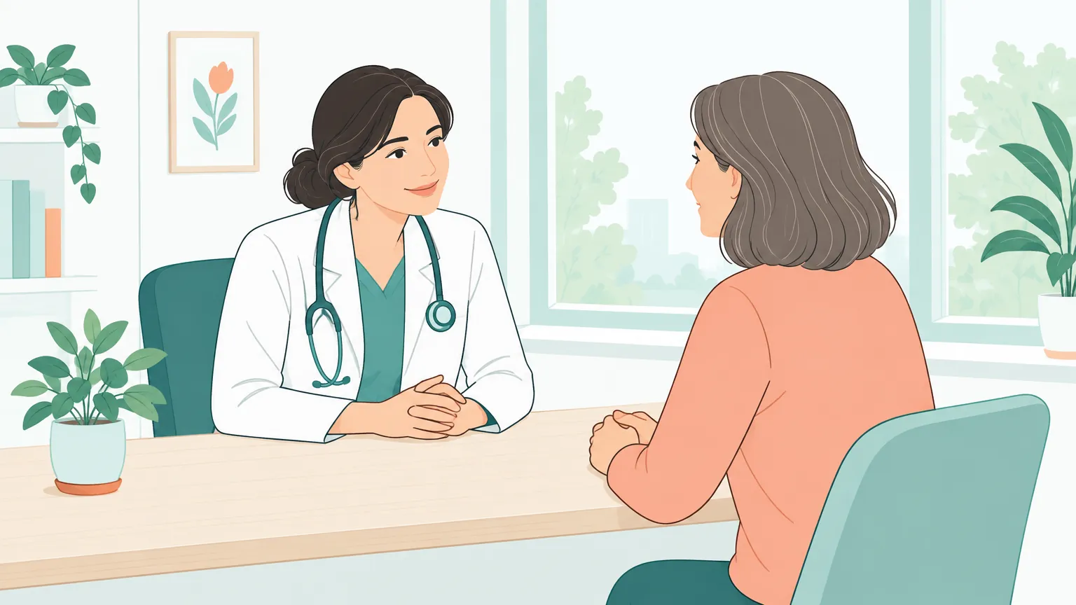 Ilustrație caldă reprezentând o femeie aflată într-un cabinet luminos la o consultație empatică cu medicul specialist pentru stabilirea planului de tratament.