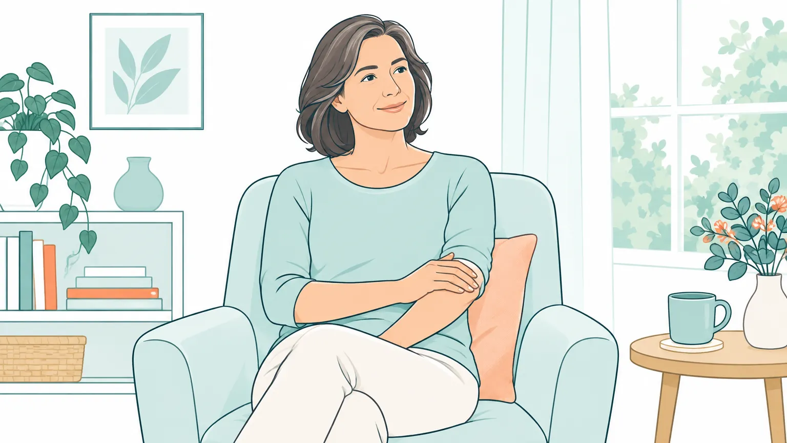 Ilustrație blândă cu o femeie relaxată într-o încăpere luminoasă, sugerând calmarea pielii și starea de bine.
