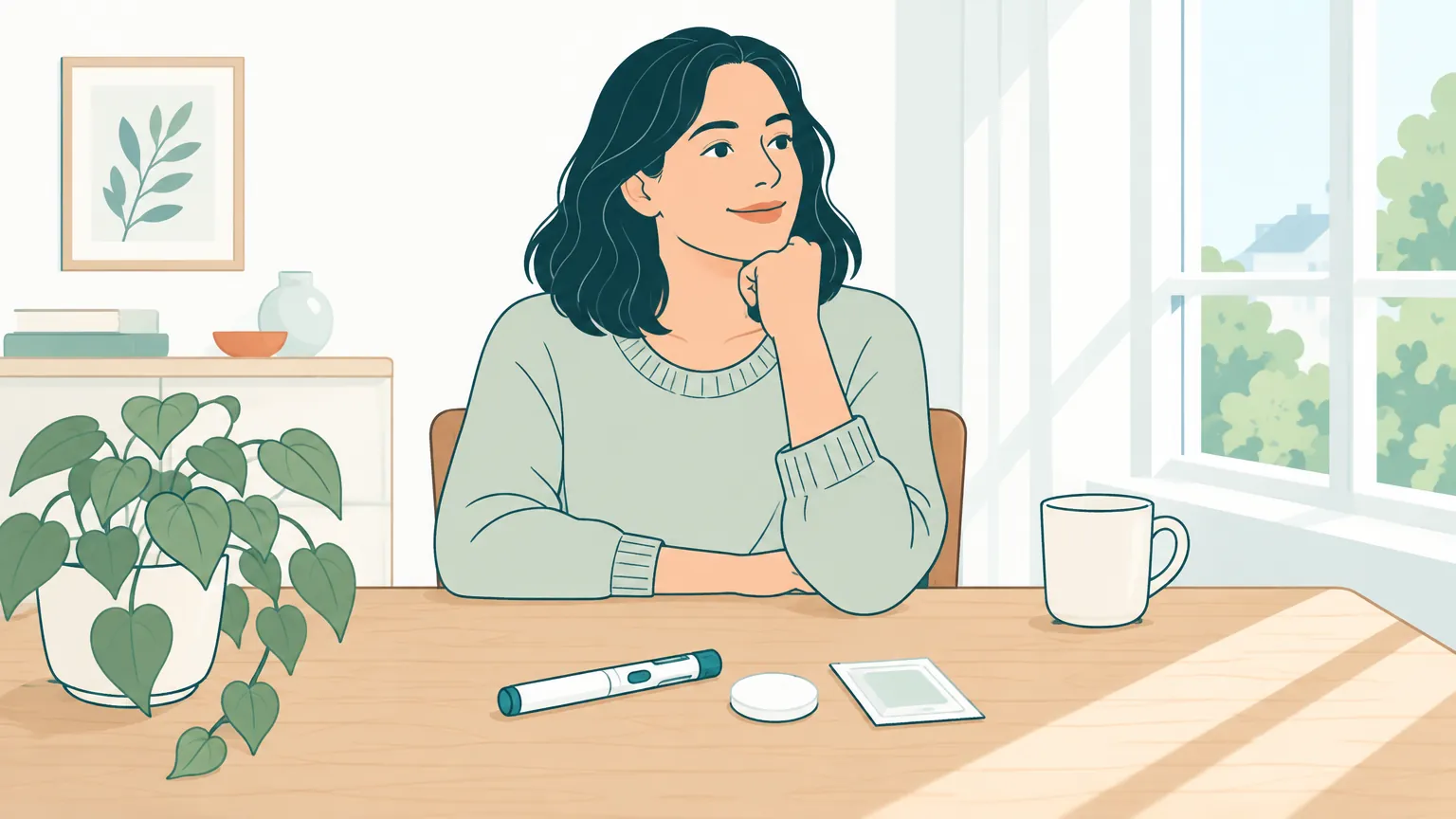 Ilustrație într-un stil calm ce prezintă o masă luminoasă și pregătirea atentă a tratamentului injectabil la domiciliu, inspirând liniște și siguranță.