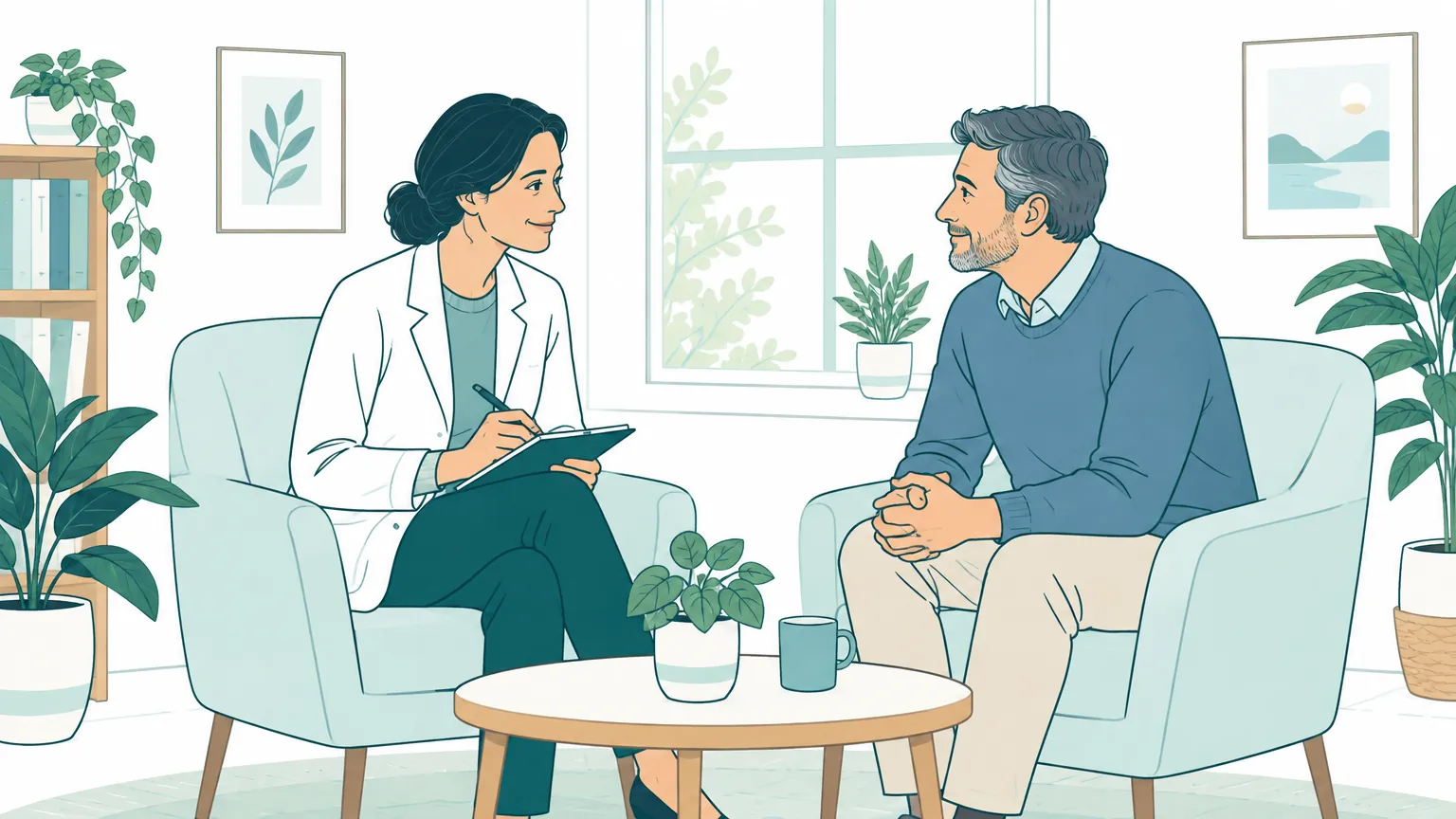 Ilustrație caldă reprezentând o consultație empatică între un medic și un pacient într-un cabinet luminos, sugerând sprijinul terapeutic și echilibrul psihic.