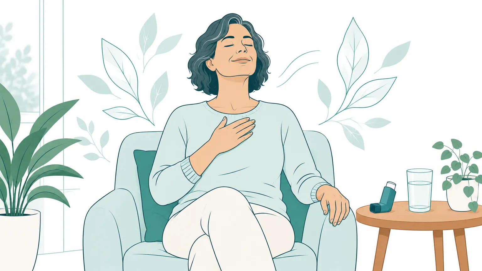 Ilustrație caldă în nuanțe liniștitoare reprezentând o persoană de vârstă mijlocie care respiră ușurată într-o încăpere luminoasă, sugerând sănătatea căilor respiratorii.