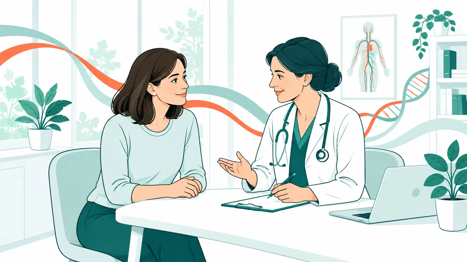 Ilustrație în tonuri calde reprezentând o consultație medicală liniștitoare pentru prevenția și monitorizarea sănătății vasculare.