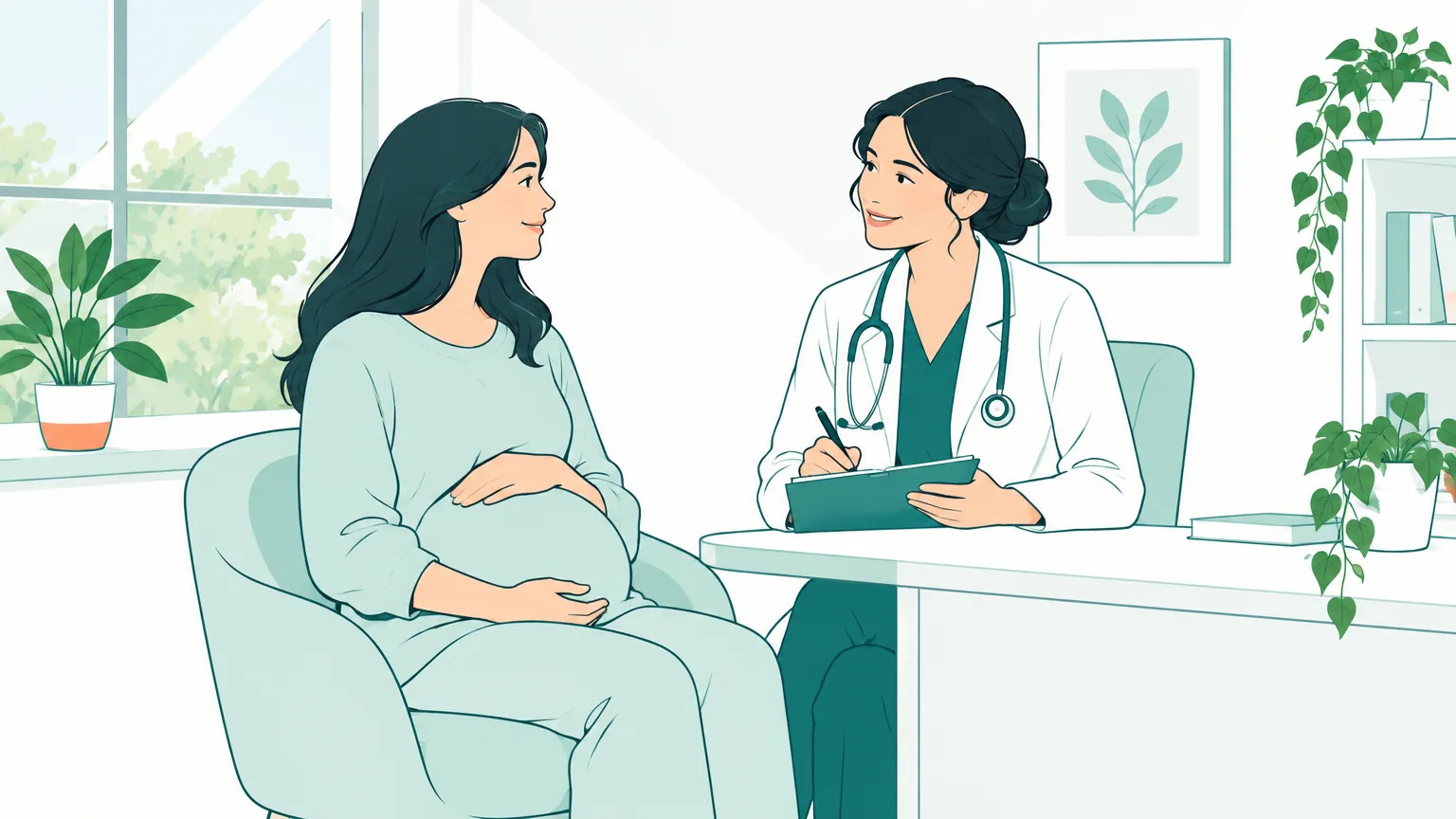 O ilustrație caldă în culori pastelate cu o femeie însărcinată la o consultație liniștită alături de o doctoriță grijulie într-un cabinet luminos.