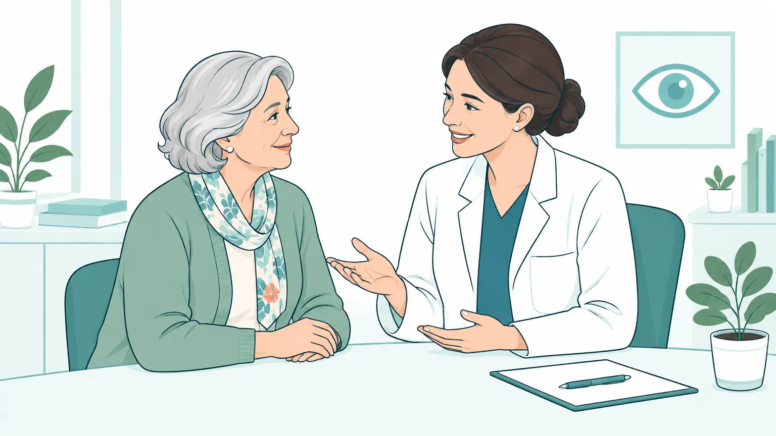 Ilustrație caldă cu o femeie în vârstă care discută liniștită cu un medic oftalmolog într-un cabinet luminos.