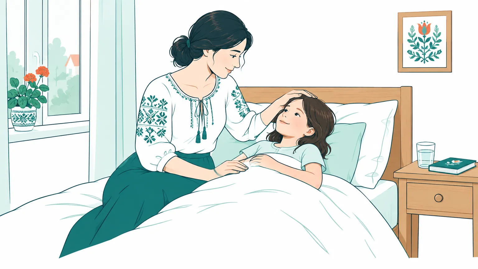 O mamă își îngrijește cu blândețe copilul care se odihnește în pat acasă în timpul recuperării de varicelă.