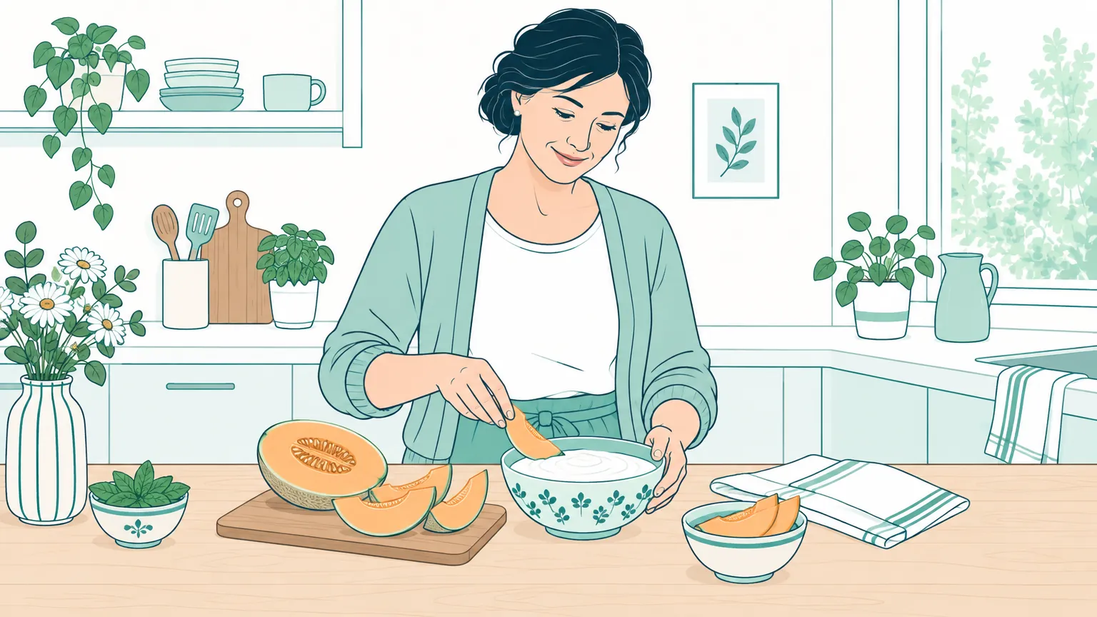 Ilustrație caldă cu o femeie care pregătește o gustare ușoară din iaurt și fructe proaspete într-o bucătărie luminoasă.