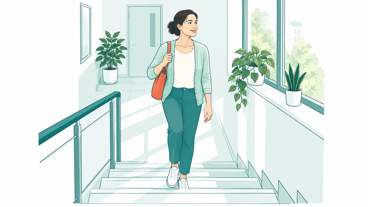 Ilustrație în tonuri calde cu o femeie care urcă zâmbind treptele unei clădiri luminoase.