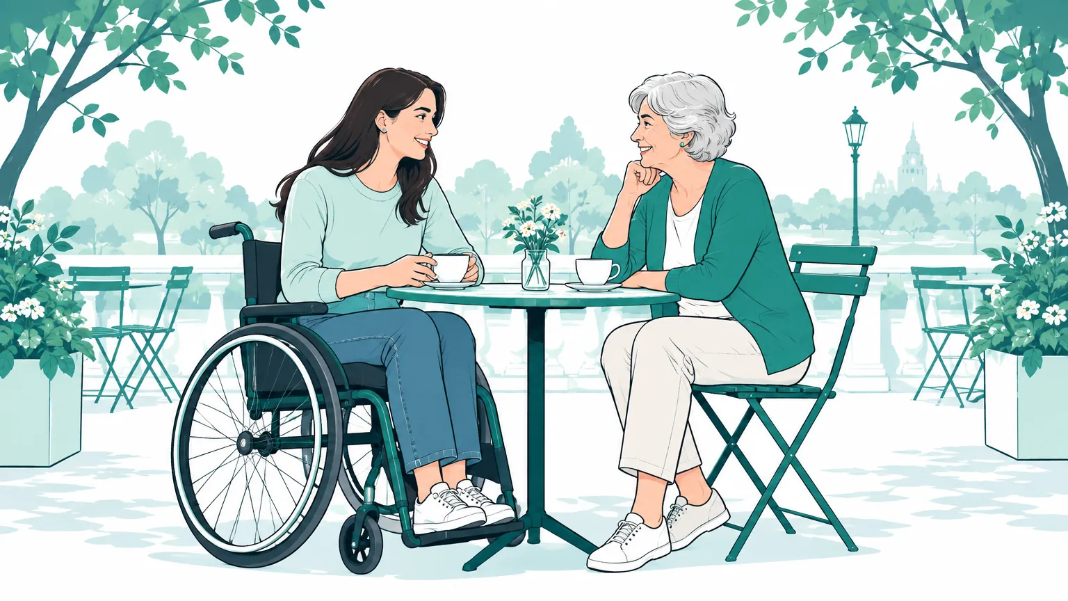 O tânără într-un scaun rulant discută zâmbitoare la o cafea pe o terasă însorită alături de o femeie mai în vârstă.