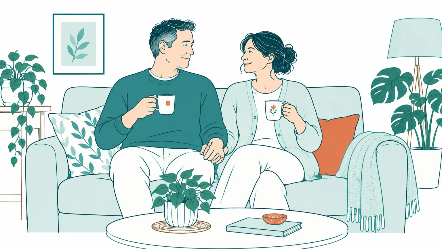 Ilustrație caldă cu un cuplu relaxat care stă pe o canapea confortabilă, ținându-se de mână și zâmbind cu afecțiune.