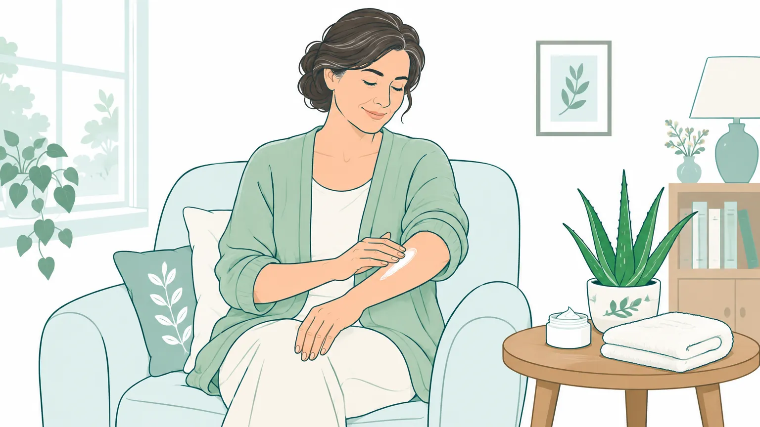 Ilustrație calmă cu o femeie care aplică o cremă hidratantă pe braț, într-o cameră luminoasă, lângă o plantă de aloe vera.