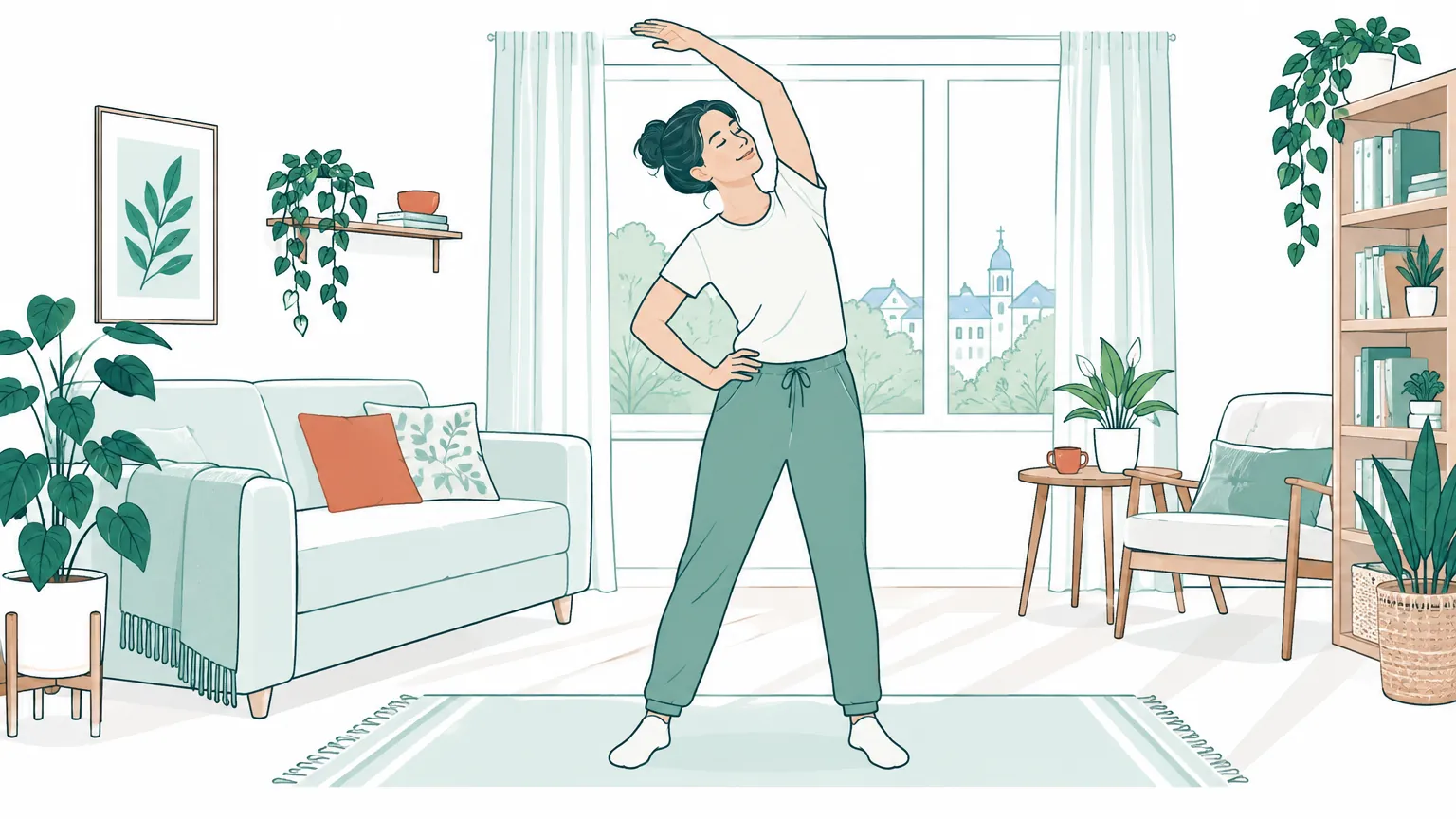 Ilustrație în tonuri calde cu o persoană care practică exerciții ușoare de stretching lângă o fereastră luminoasă.