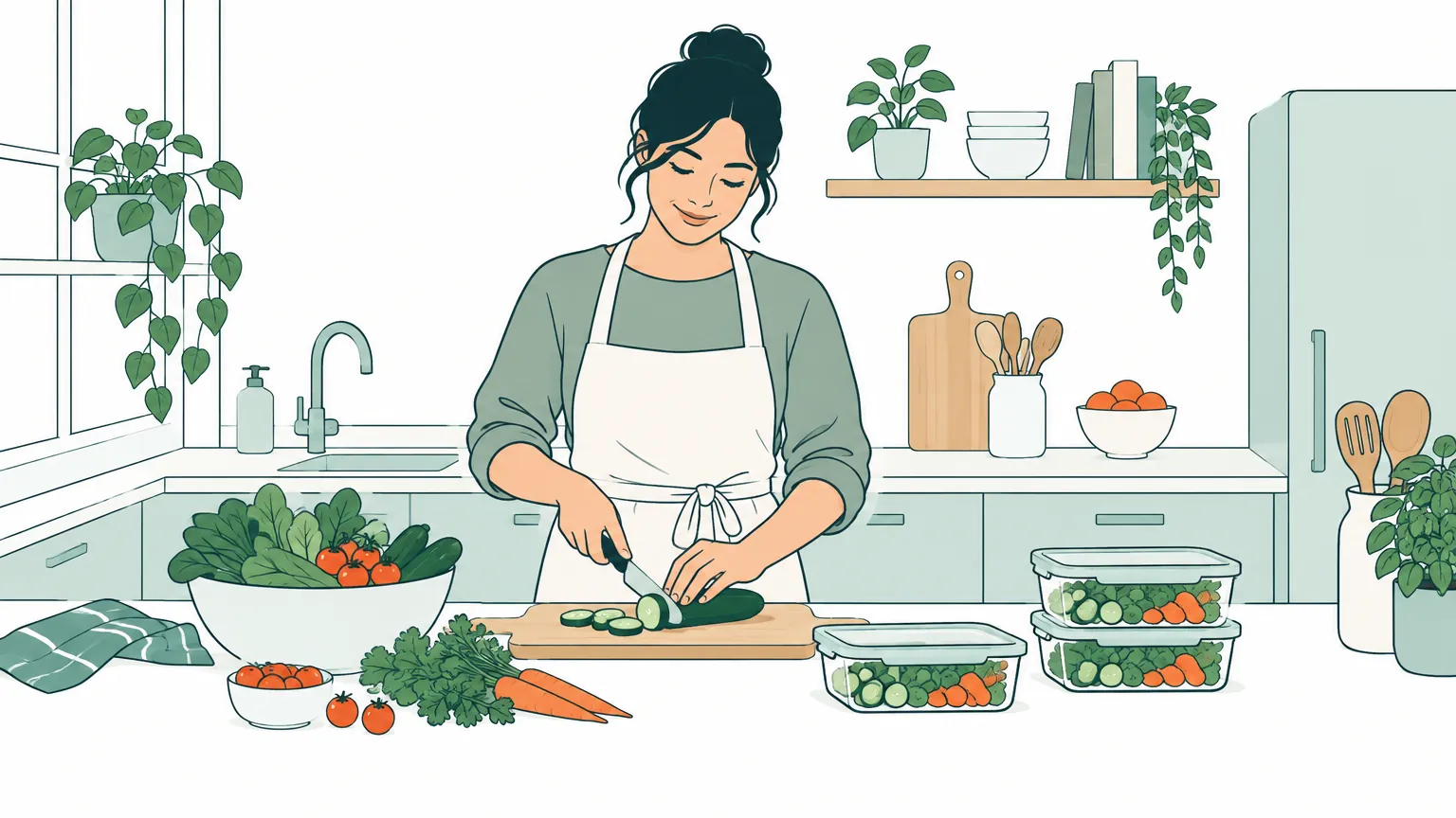 Ilustrație în tonuri calde cu o persoană care pregătește ingrediente proaspete în bucătărie pentru mese sănătoase.