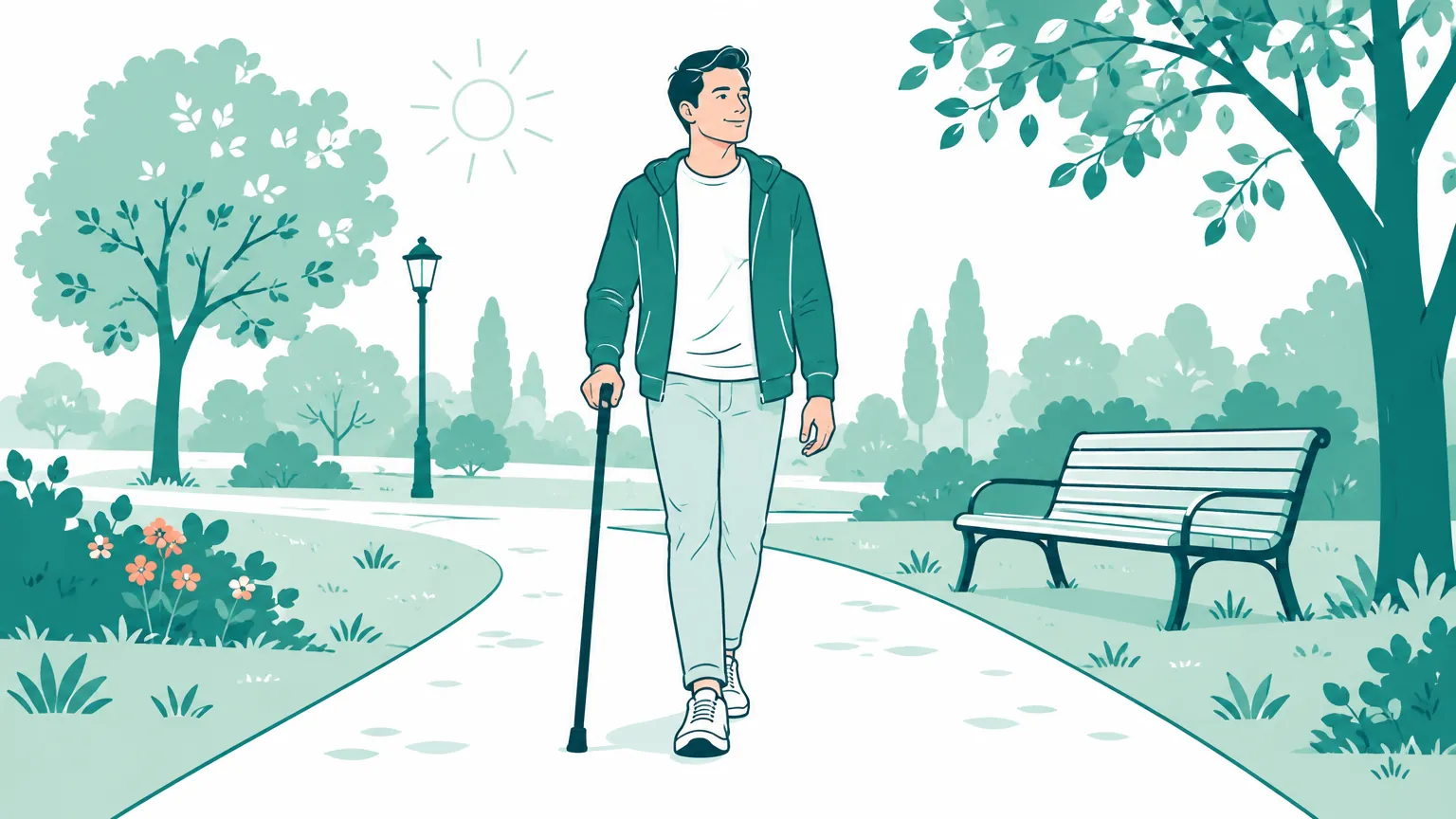 Ilustrație în tonuri calde cu un tânăr care se plimbă liniștit pe aleea unui parc însorit, sprijinindu-se într-un baston.