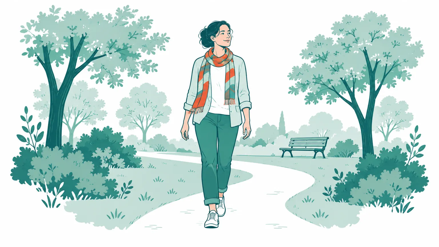Ilustrație caldă cu o femeie care se plimbă liniștită și relaxată pe o alee dintr-un parc însorit.