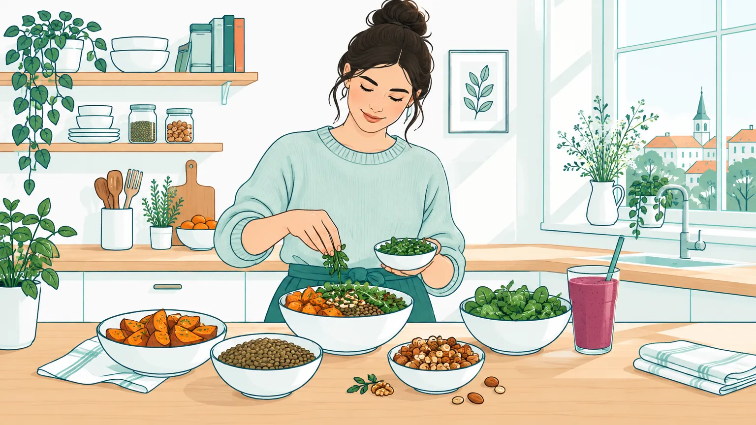 Ilustrație în tonuri calde ce prezintă o tânără într-o bucătărie luminoasă, pregătind un bol cu alimente vegetale hrănitoare.